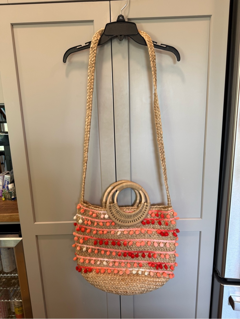 Natural Straw Tote with Pink and Red Pom Detail